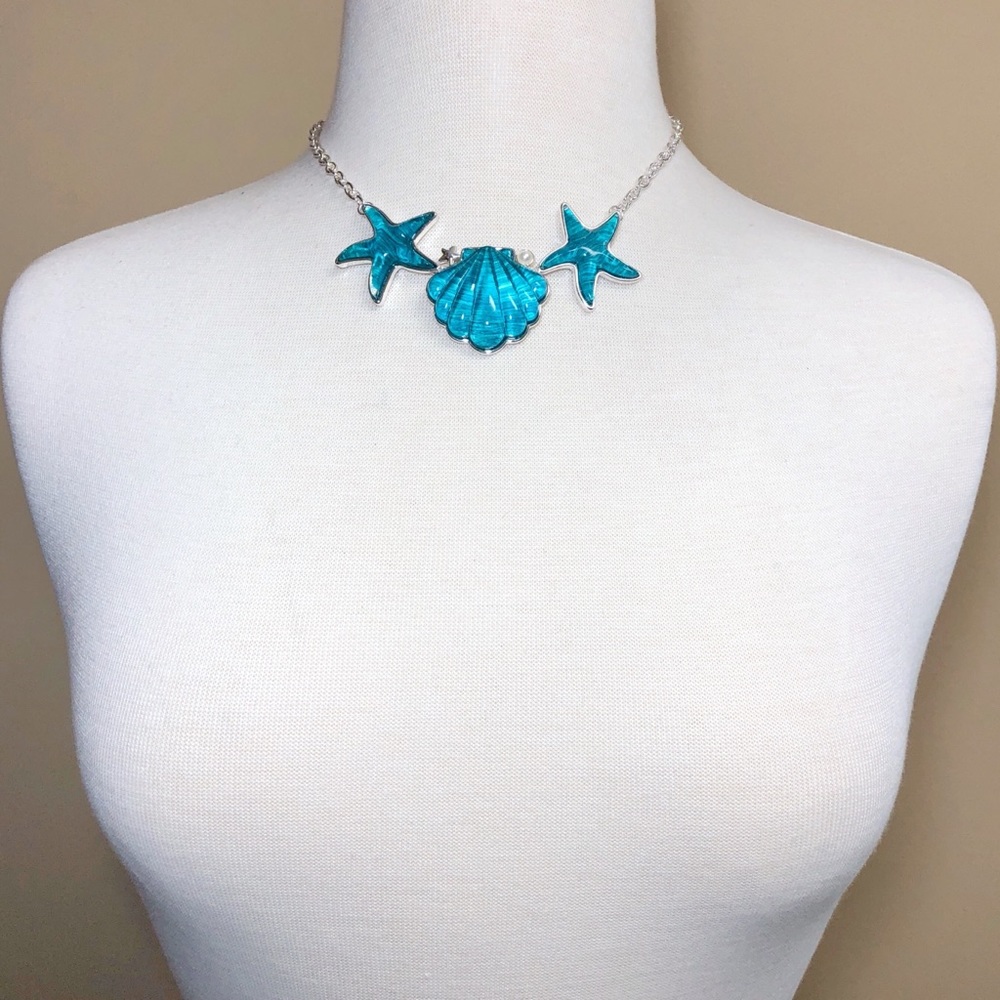 Blue Sea Shell Starfish Necklace Earrings Set - Picture 3 of 3